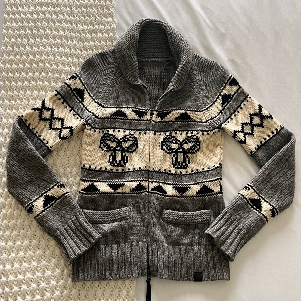 Gray and Cream Women's Zip-Front Nordic Knit Sweater
